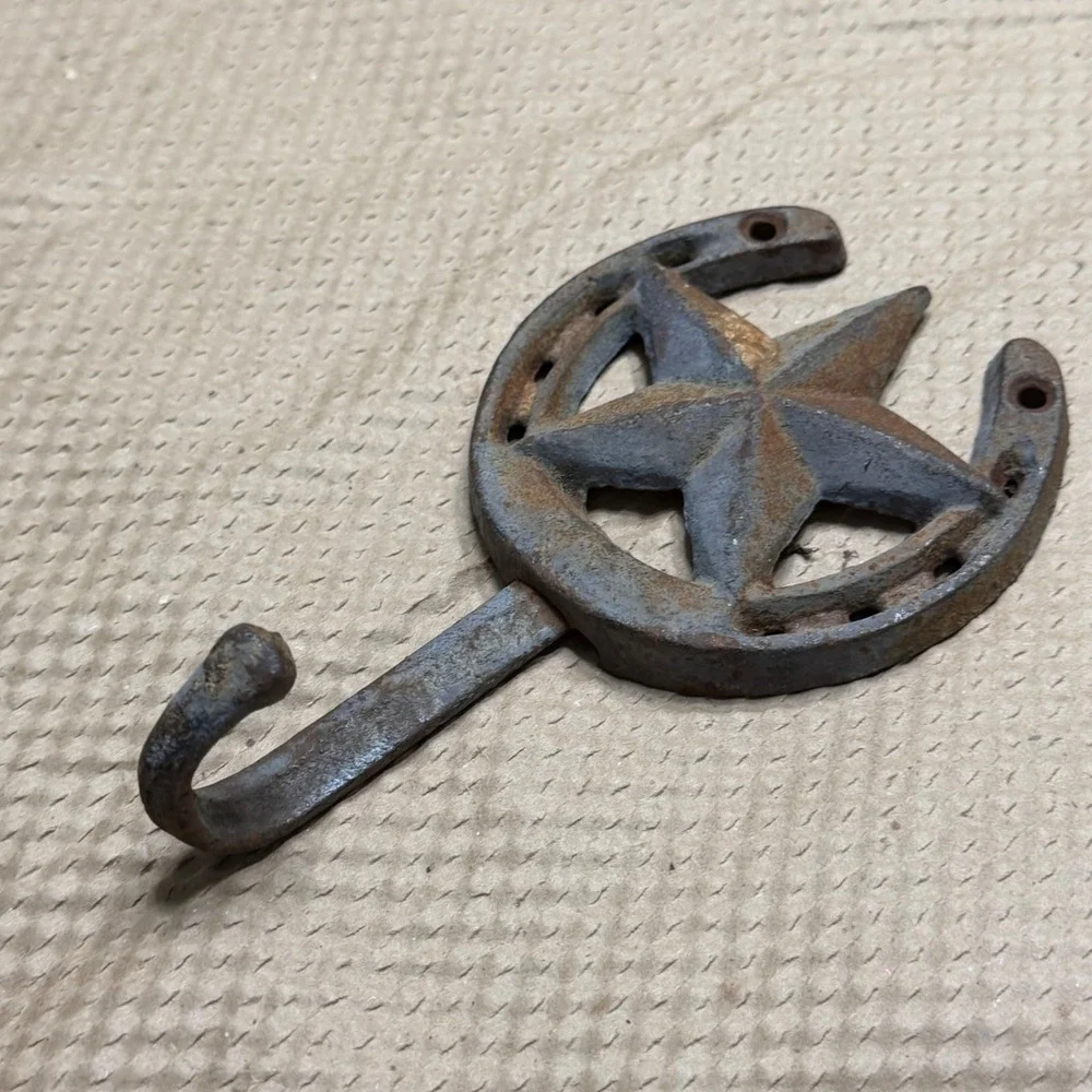Rustic Cast Iron Horseshoe Texas Star Wall Hook Western Farmhouse Decor Brown